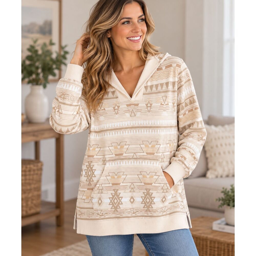 C&C California Womens Size Medium Aztec Geometric Print Pullover Hoodie Beige